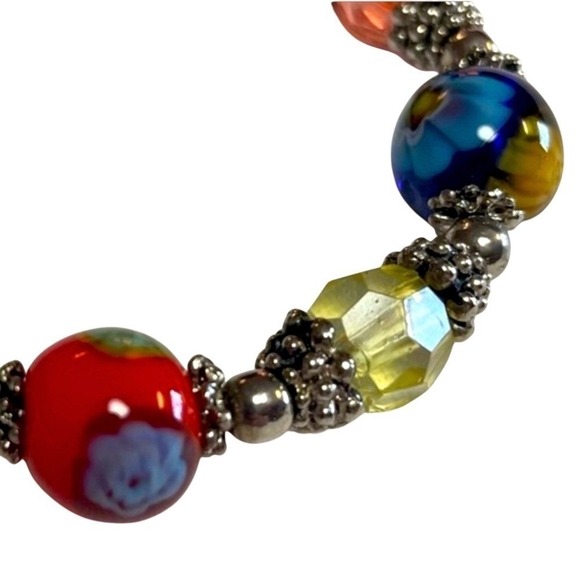 Beaded Stretch Bracelet One Size Multicolor Glass Lampwork Boho Style - Picture 7 of 14